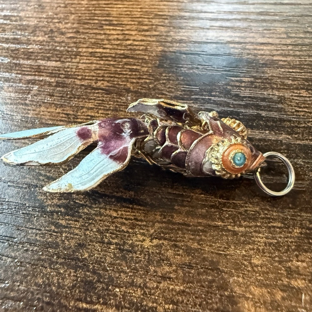 Vintage Chinese Cloisonne Enamel Articulated Koi Fish Pendant Purple 2.5"